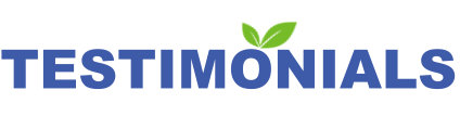 Word saying 'Testimonials' in blue with leaves sticking out on top